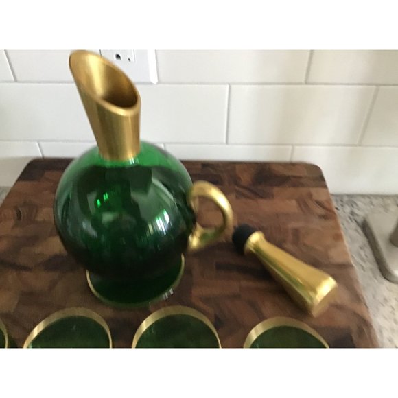 IRICE Green Decanter/Carafe Set & 5 Cordial Glasses Gold Trim Made In Germany - Picture 2 of 6